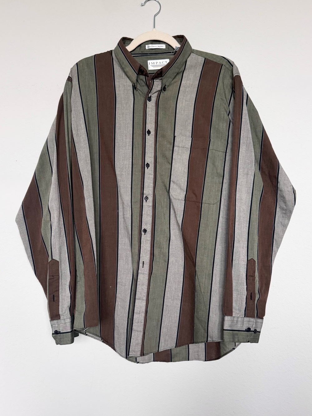 Vintage 90s Impact Striped Button Down Shirt Men's Large Earth Tone Goblincore